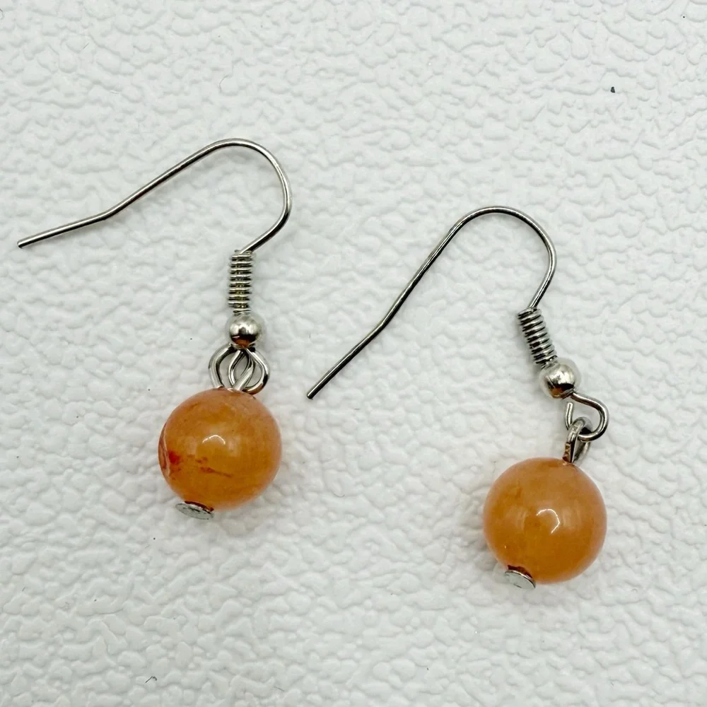 Orange Bead Dangle Earrings | Lightweight Round Drop Silver Hook